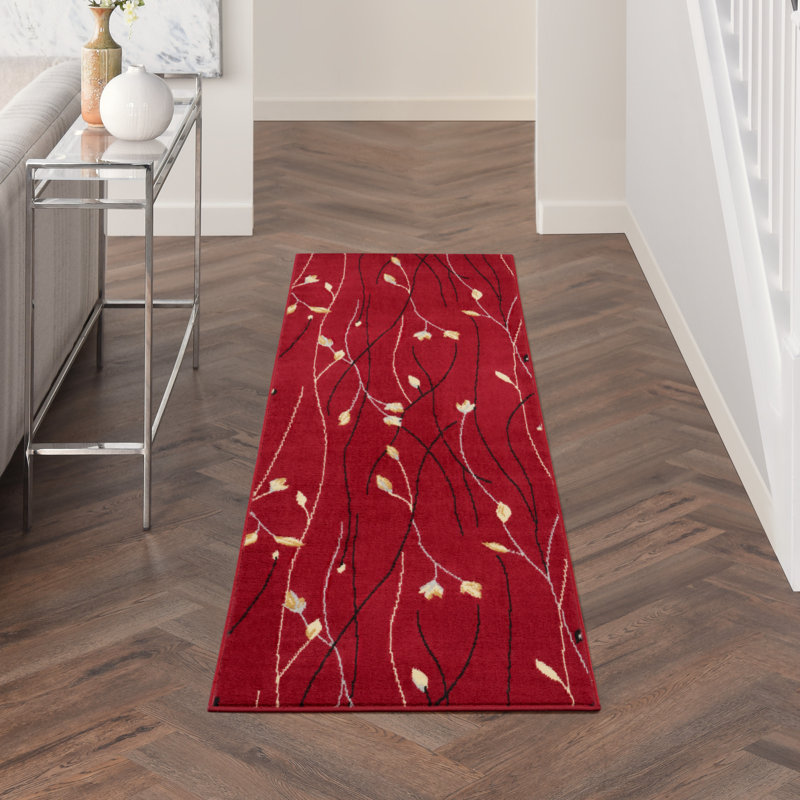 Tapis rouge à motif floral Aratrika, Tapis de couloir 2 pi 3 po x 7 pi 6 po