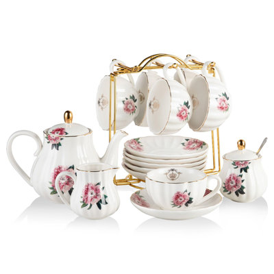Astoria Grand 0.828 mL Stovetop Safe Porcelain China Floral Teapot Set Teapot For
