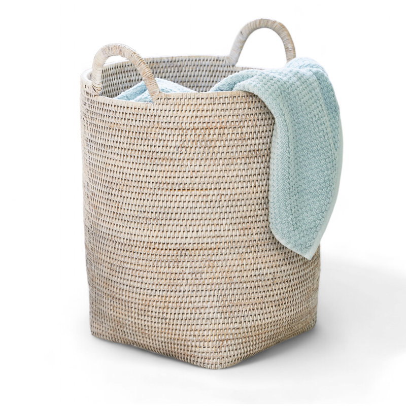 Panier à linge rond avec poignée en boucle, Blanc délavé