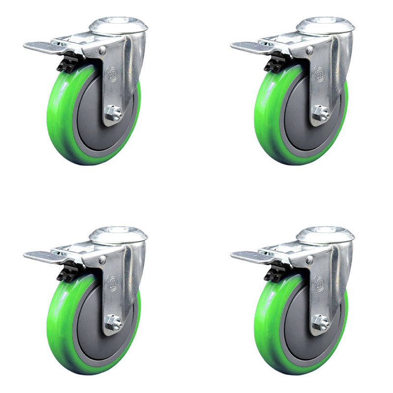 Ensemble de roulettes à trou pivotant en polyuréthane 5 pouces avec frein à verrouillage total, Vert