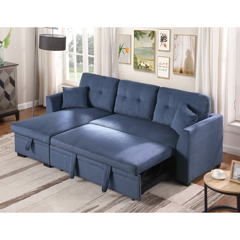 81.5“ Corduroy Chaise Sofa With Pull Out Bed, Dark Blue