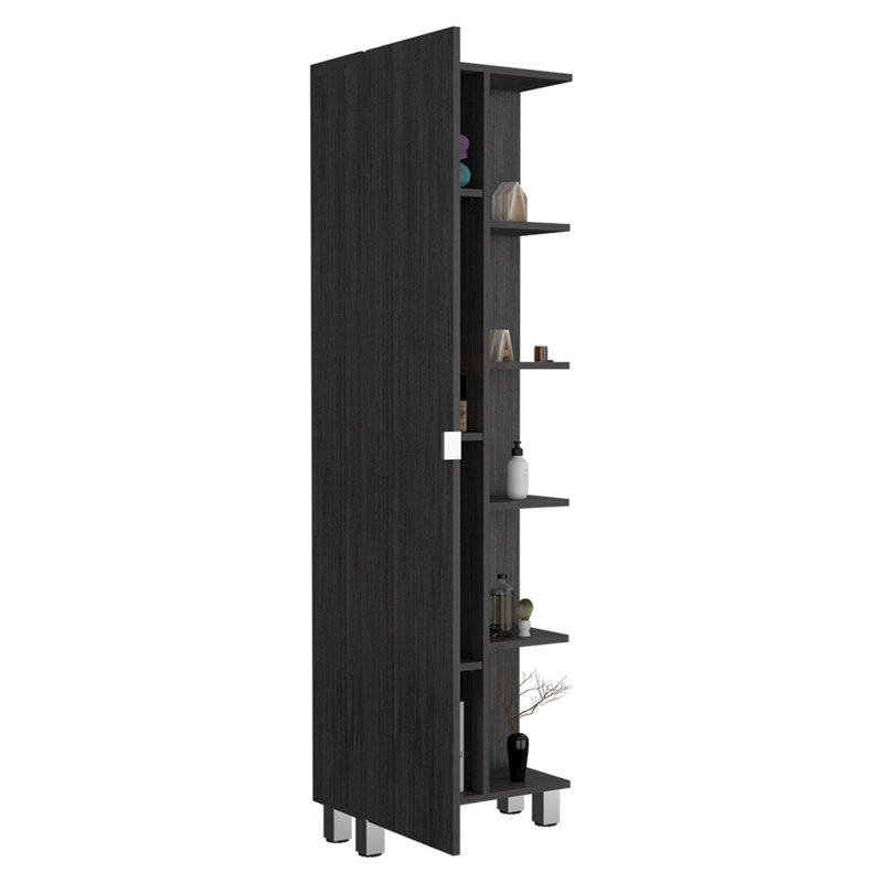 Corner Cabinet Womppi, Five Open Shelves, Single Door, Smokey Oak Finish, Gray