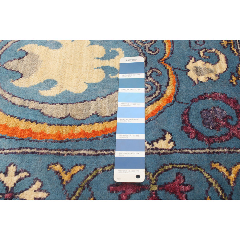 Tapis décoratif bleu en laine de conception unique 11 pi 9 po x 14 pi 1 po noué à la main New Age