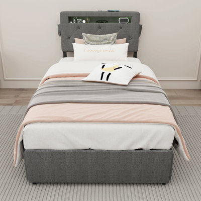 Twin Bed Frame with USB Charging Station & LED Lights, Twin Bed Frame with Headboard & 4 Storage Drawers, D