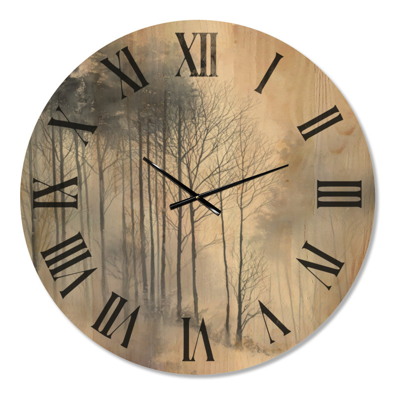 Horloge murale surdimensionnée en bois nature - brouillard d'hiver en forêt, paysage gris et blanc, Oversized