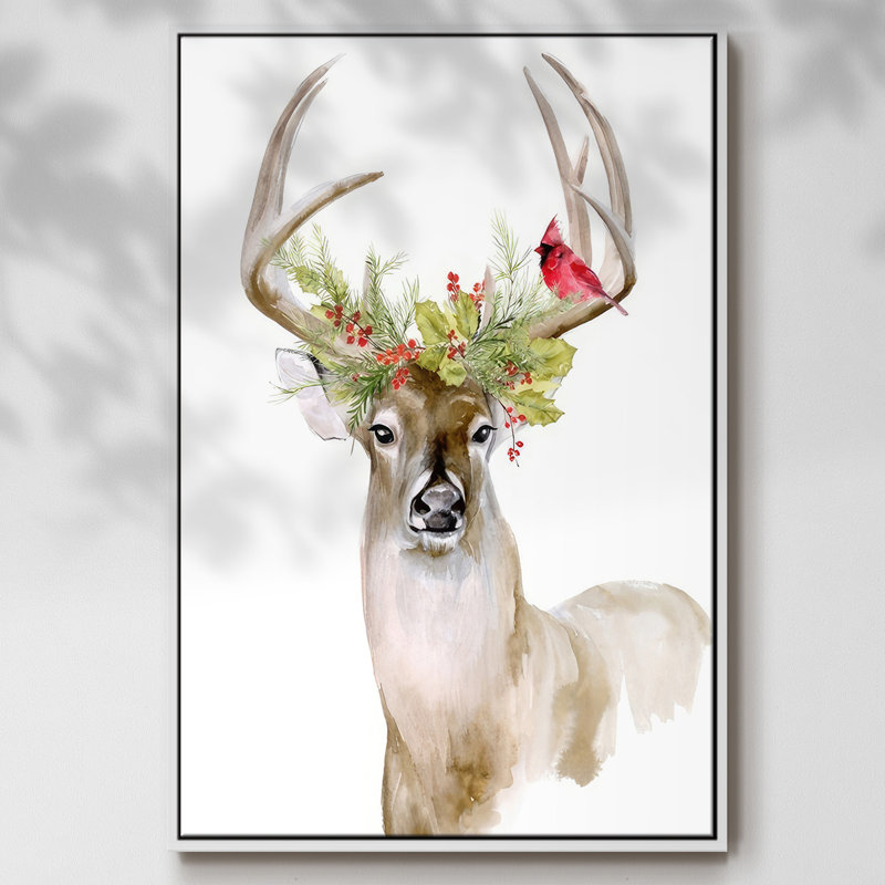 «Holiday Deer I», reproduction d'art sur toile, H 25 po x l 17 po x P 1,5 po, Cadre blanc