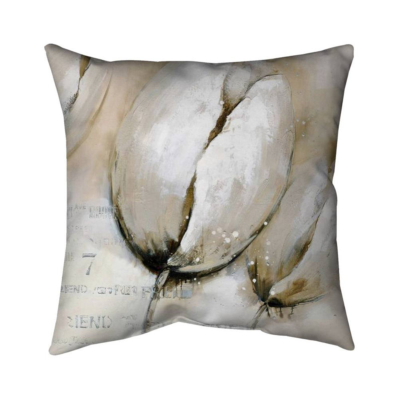 Tulips with typography - 26"x26" Throw pillow - Poly twill - Print on demand, Gray/Ivory