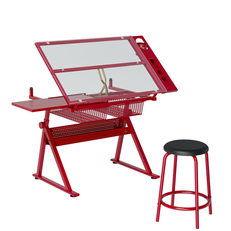 table de dessin avec chaise en verre trempé réglable rouge