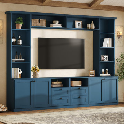 Meuble télé mural élégant de style campagnard avec 4 tiroirs, support télé intégré moderne avec pont pour téléviseurs jusqu'à 70 pouces, console multimédia tout-en-un avec étagères réglables pour salon, bleu