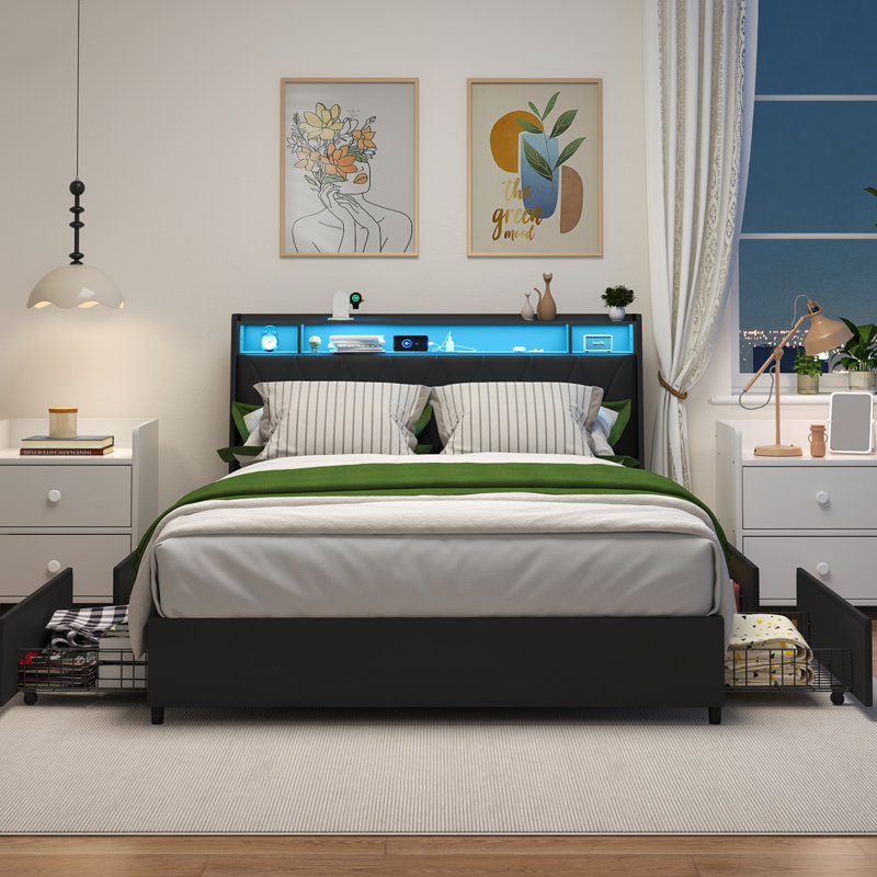 Juanetta Upholstered Platform Bed, Full, Black
