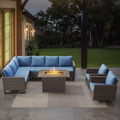 Ingvald 8- Person Outdoor PE Wicker Patio Conversation Set with Fire Pit and Cushions by Latitude Run