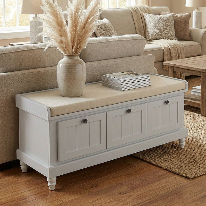 Rustic Shoe Storage Bench With Cushioned Seat - 3 Drawers & Hidden Storage For Home Organization, Gray