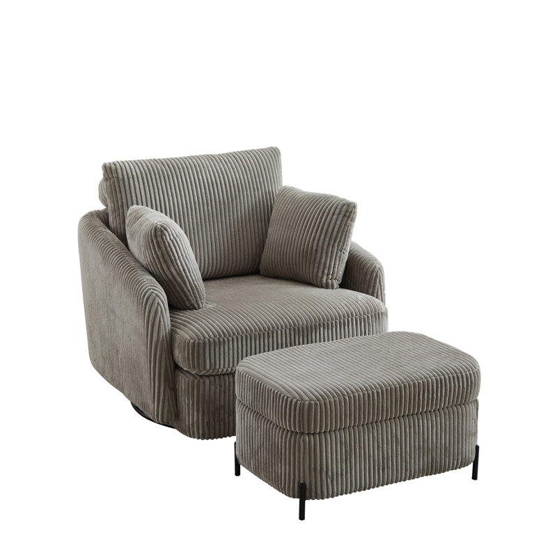 40.53" W Upholstered Swivel Accent Armchair With Storage Ottoman, Gray Corduroy