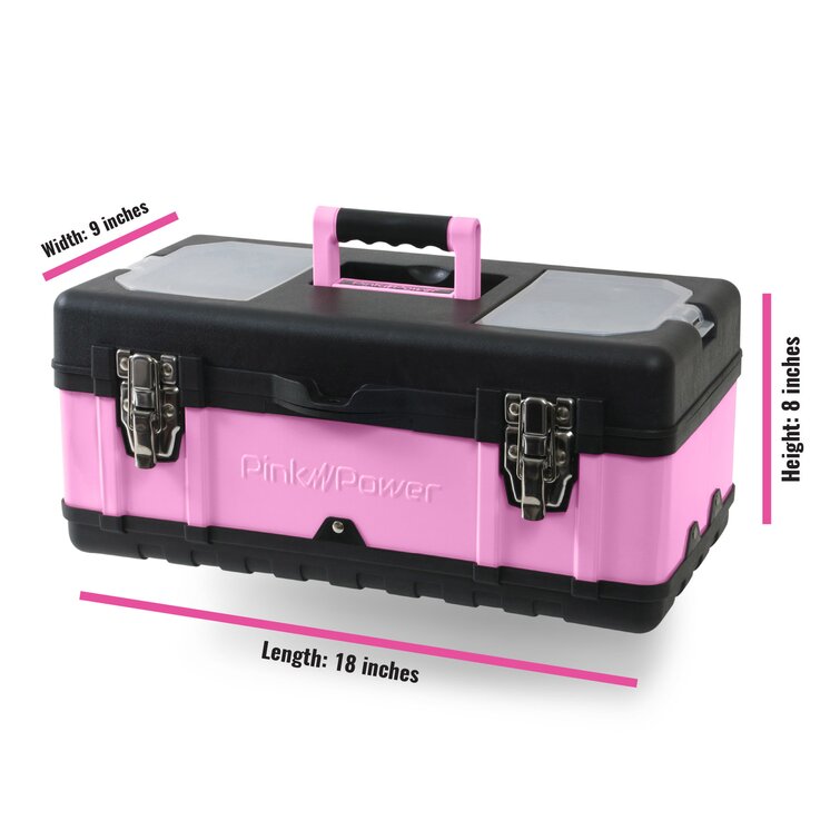Pink Power Pink Tool Box For Women - 18 Small Metal & Plastic Portable Lightweight Pink Locking Empty Toolbox Tool Chest - Craft & Tool Case Tote
