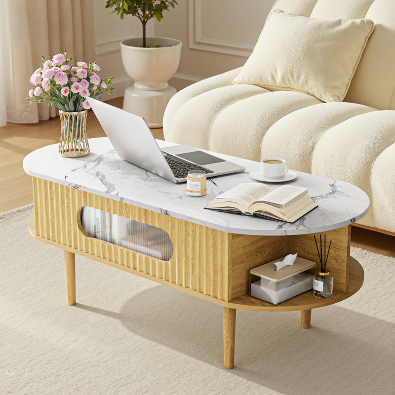 Table basse 47 po à plateau relevable cannelé en faux marbre, table centrale ovale en bois avec 3 compartiments cachés et 4 espaces ouverts