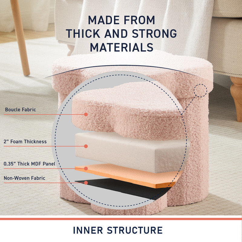 Small Boucle Flower 12" Storage Ottoman - Footstool - Perfect for Dorm, Living Room and Bedroom, Pink