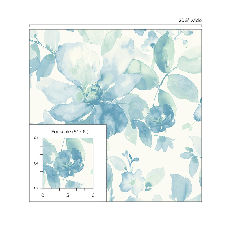 Alexaundrea Seaglass Watercolor Flower 18' L x 20.5" W Peel and Stick Wallpaper Roll, Seaglass