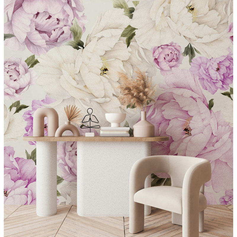 Doux pivoine rose sur fond crème, L 37 po x l 56 po