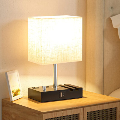 Ensemble de 2 lampes de chevet pour la chambre à coucher, petite lampe de table de chevet beige à intensité variable Kakanuo avec ports USB C et 2 prises de recharge, lampe de table en bois avec supports pour téléphone pour le salon, ampoules DEL inc