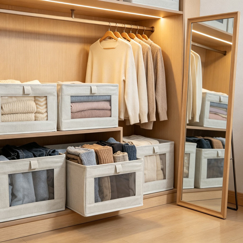 Ensemble de 4 bacs de rangement en lin avec fenêtre transparente, grands organisateurs de placard pliables et contenants de rangement pour vêtements, jeans, jouets, livres, tablettes, garde-robe