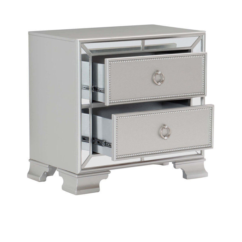 Modern Traditional Style 1pc Nightstand of 2 Drawers Embossed Textural Fronts Silver Finish Bed Side Table