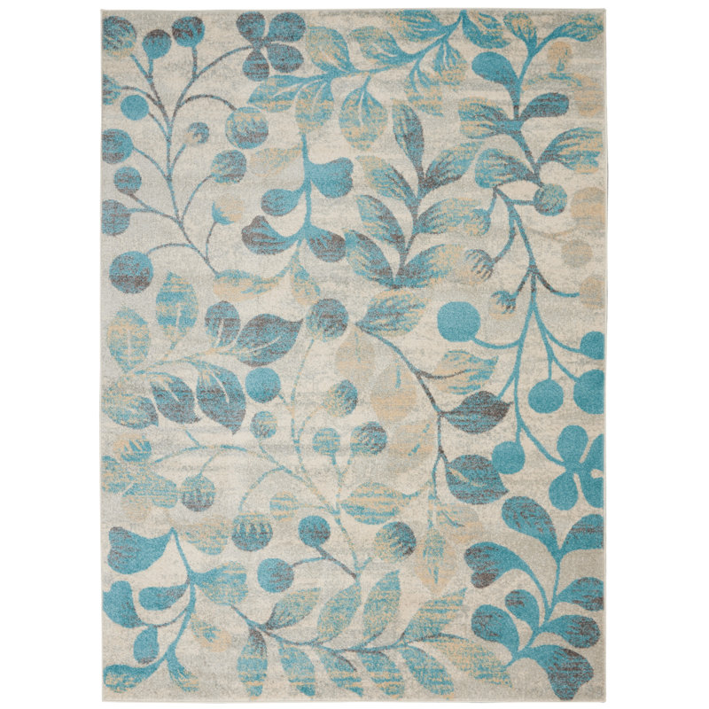 Tapis en polypropylène tissé à la machine en bleu / vert Yahara, Rectangle 5 pi 3 po x 7 pi 3 po