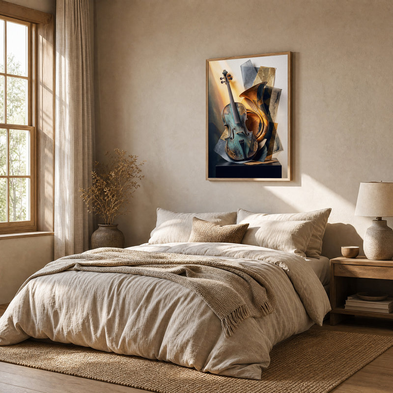 Toile abstraite sarcelle violon et cor français, H 48 po x l 36 po