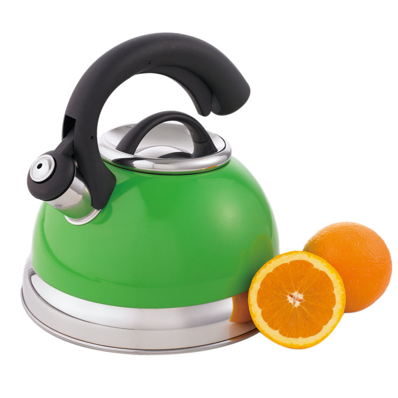 Green Stainless Steel Whistling Tea Kettle with Black Handle