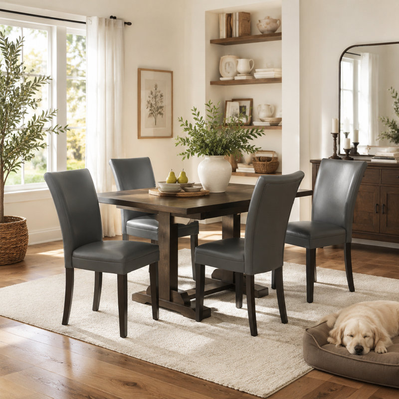 Wexford Collection Set of 4 Mid-Century Modern Parsons Dining Chairs, Upholstered Faux Leather Dining Chairs with Solid Wood Legs, High Back Side Chairs for Dining Room, Kitchen or Breakfast Nook, Grey