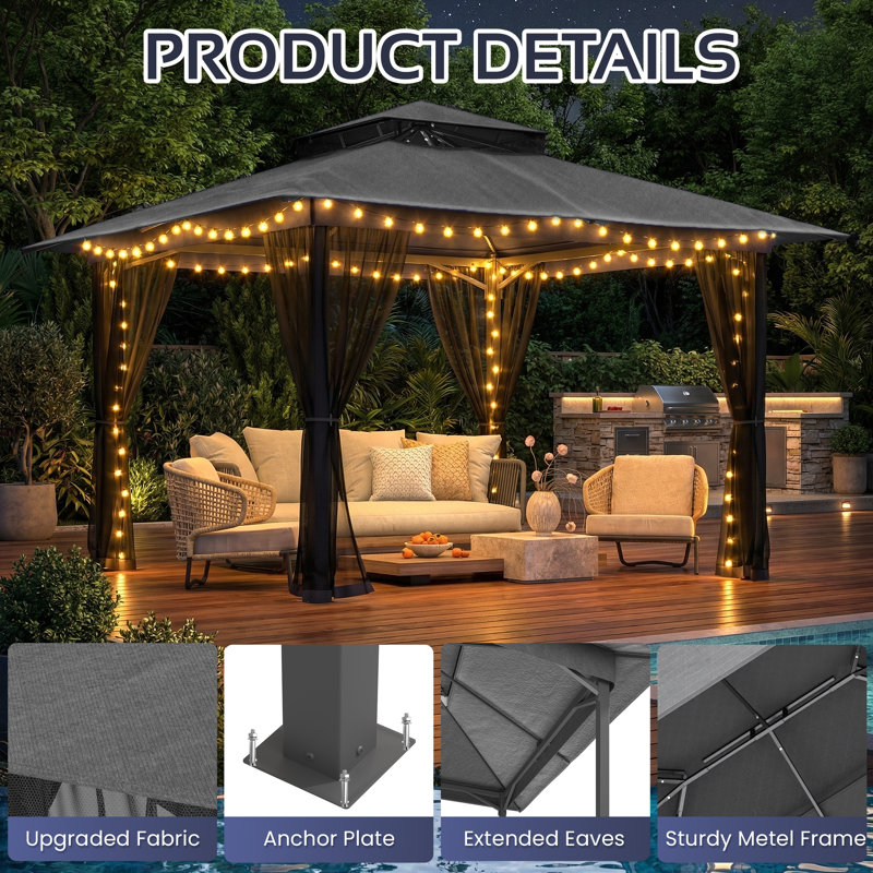 11X11 Gazebo, Outdoor Patio Gazebo With Mosquito Netting, Double Roof Metal Gazebo, Canopy For Backyard Covered Patio, Heavy Duty Gazebo Outdoor For Garden Deck Lawn, Gray