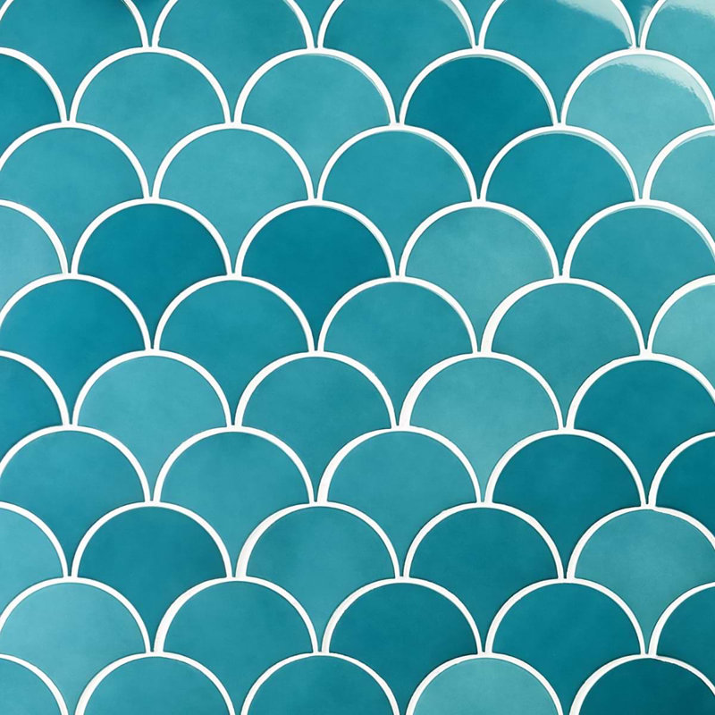 Highwater 5" Fish Scale Polished Ceramic Tile, Teal