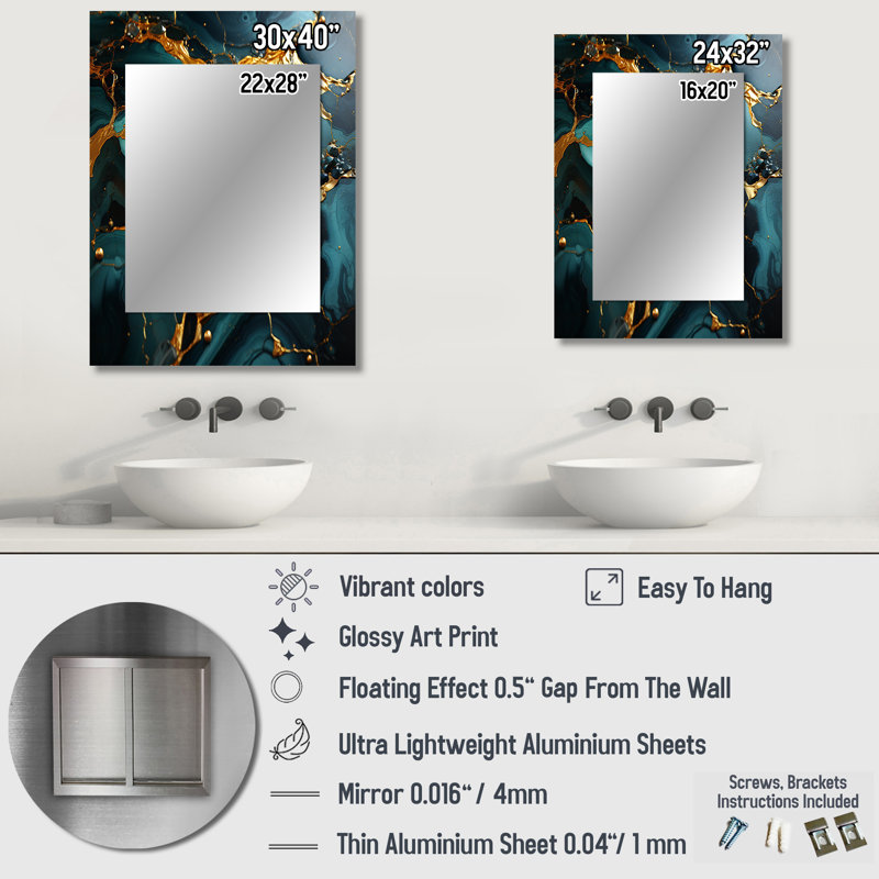 Green and Gold topaz Agate Granite II - Abstract Large Wall Mirror, Modern Decorative Mirror, Printed Metal Art, 40" x 30"