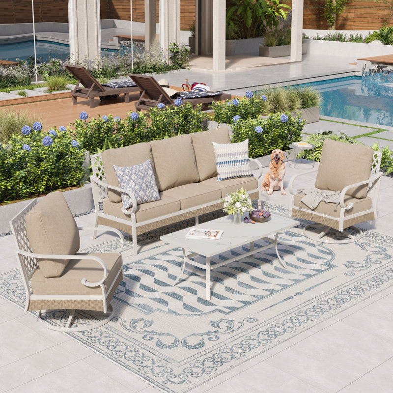 Ensemble de conversation pour 5 personnes avec chaises longues pivotantes et options de coussin bleu, beige et gris, Beige