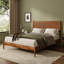 Lit plateforme Queen en bois d'acacia massif, tête de lit en cuir végétalien tissé à la main, cadre de lit de style moderne du milieu du siècle, sommier non requis, caramel-2006036748-2006036747