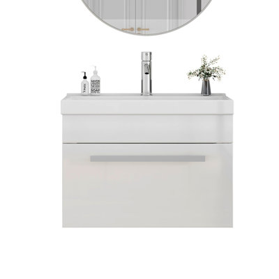 Ensemble de meuble-lavabo 24 po avec lavabo, 1 grand tiroir, système de fermeture en douceur, meuble-lavabo mural, poignée en métal, blanc brillant aux bords épais unique