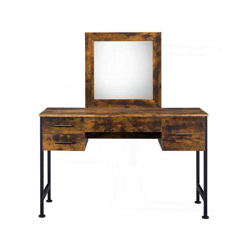 Ensemble de coiffeuse 4 tiroirs avec miroir, chêne rustique et noir