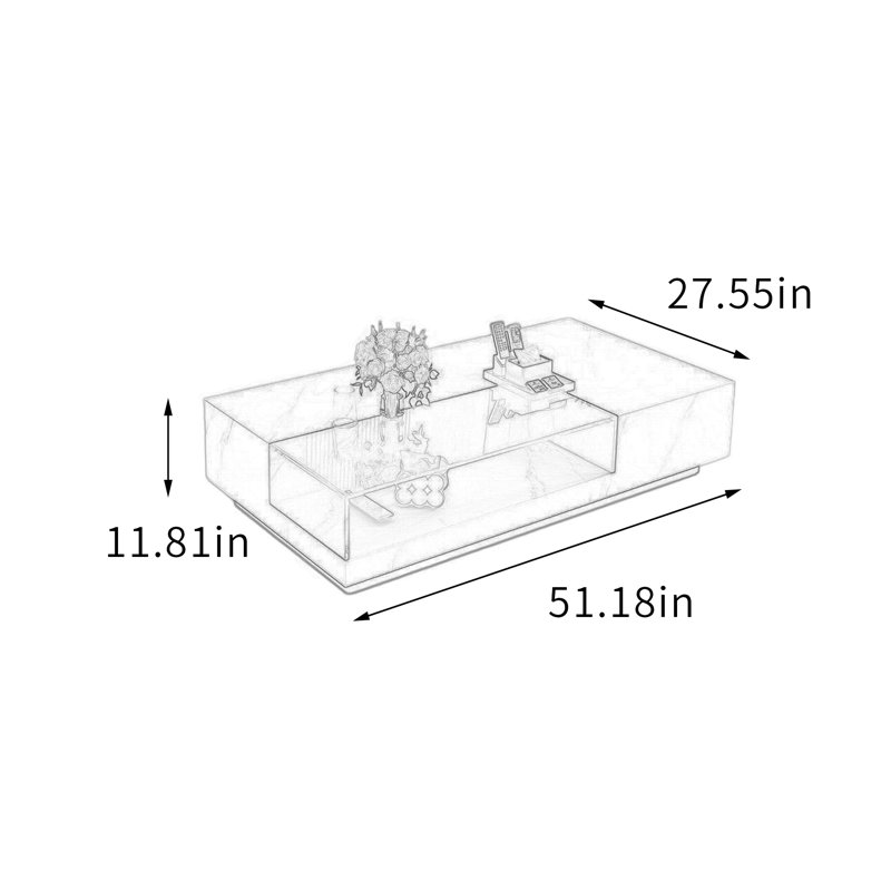 Table basse rectangulaire en ardoise avec rangement ouvert, Blanc / noir / gris clair, H 11,81 po x L 51,18 po x l 27,55 po