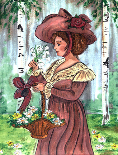 Dame fantaisie avec chapeau et drapeau vertical de maison de fleurs