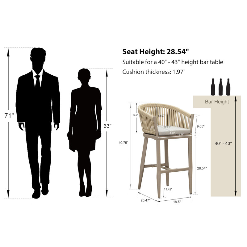 Tabourets de bar et de comptoir Alakai Outdoor Minimalist en rotin tressé avec coussin en mousse de qualité supérieure, Beige
