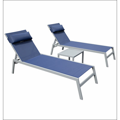 Ensemble de 3 chaises longues de patio, chaises longues de piscine en aluminium avec table d'appoint, fauteuil inclinable d'extérieur réglable pour la piscine, la plage, la cour et le balcon