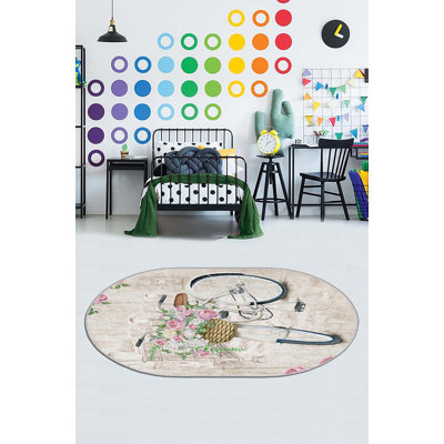 Tapis ovale en polyester fabriqué à la machine en crème / rose