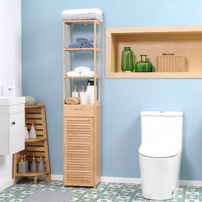 Armoire de salle de bain haute avec tiroir et tablettes à lattes, tour en lin de bambou mince avec porte à persiennes