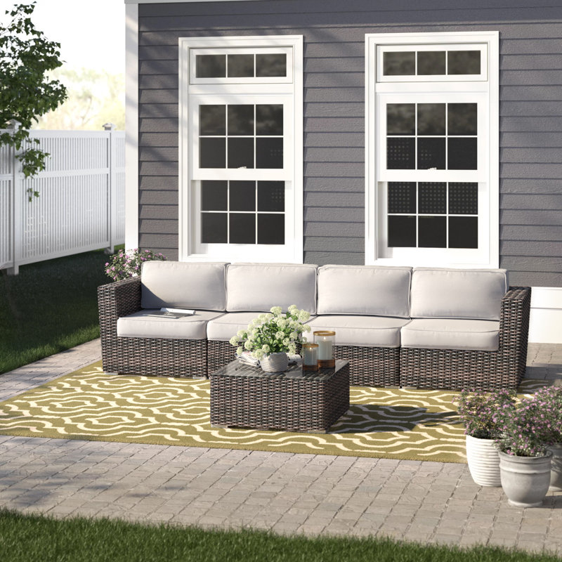 Demarest Fully Assembled 4 Person Seating Group with Cushions | Convenient wicker patio sofa, Sunbrella Canvas