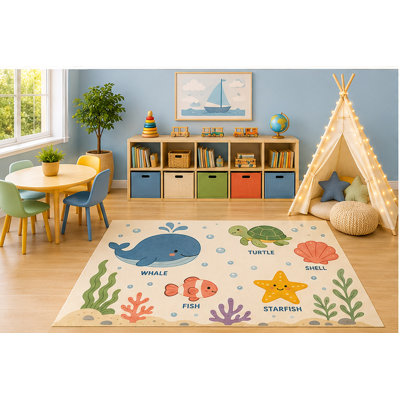 Tapis pour animaux de mer «Ultra Léger» 5 pi x 7 pi, tapis de jeu éducatif Sea Life avec baleine, poisson, étoile de mer et coquille pour chambre d'enfant, envers en silicone antidérapant