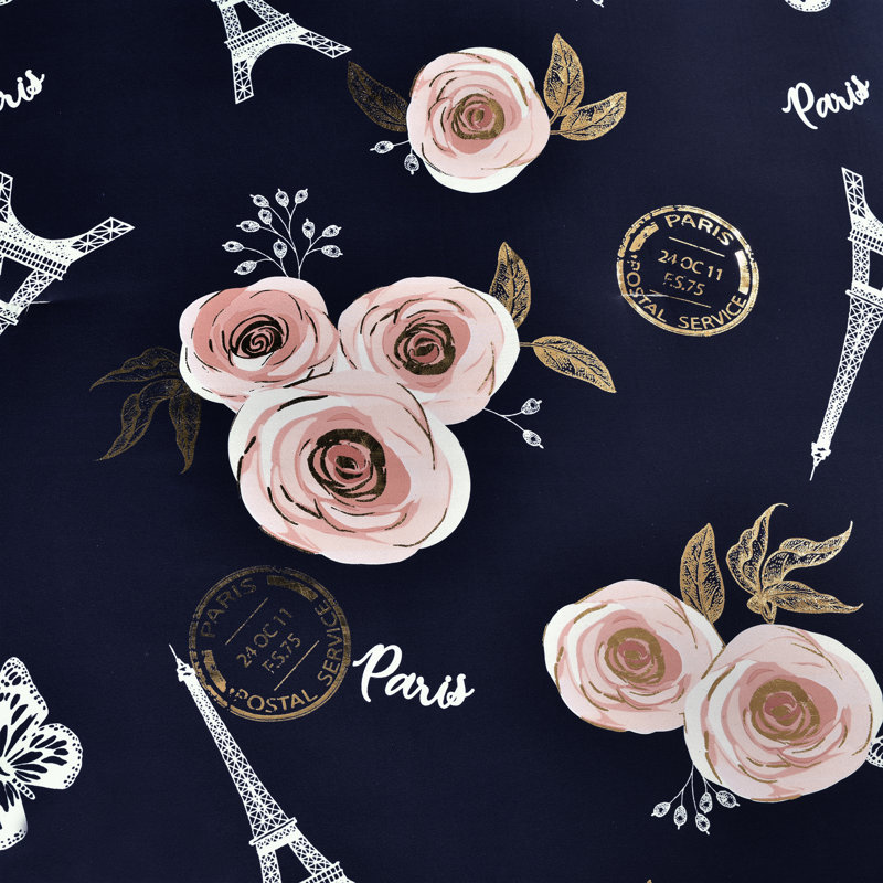 Vintage Paris Rose Butterfly Script Reversible Comforter Set, Navy