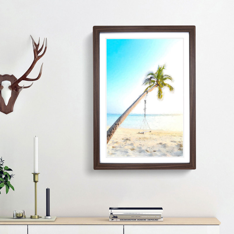 Palm Tree on a Beach in Abstract - Picture Frame Graphic Art Print, 87cm H x 62cm W x 2cm D, Walnut Framed
