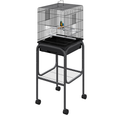 Metal Bird Cage For Parrots, Black - Spacious Aviary With Detachable Stand, Storage Space, And Perch Choices Land 45-inch Parrots Food Pleasure Zone