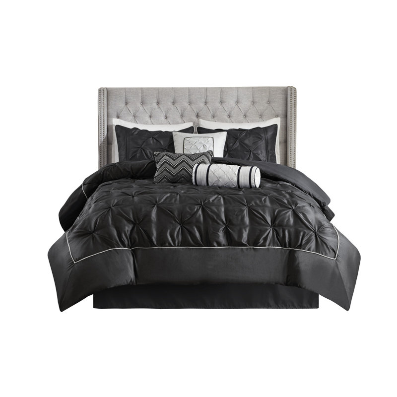 Ensemble d'édredon touffeté 7 pièces, ensemble de literie très grand californien noir avec coussins décoratifs - Conception touffetée élégante et bourre en polyester hypoallergénique