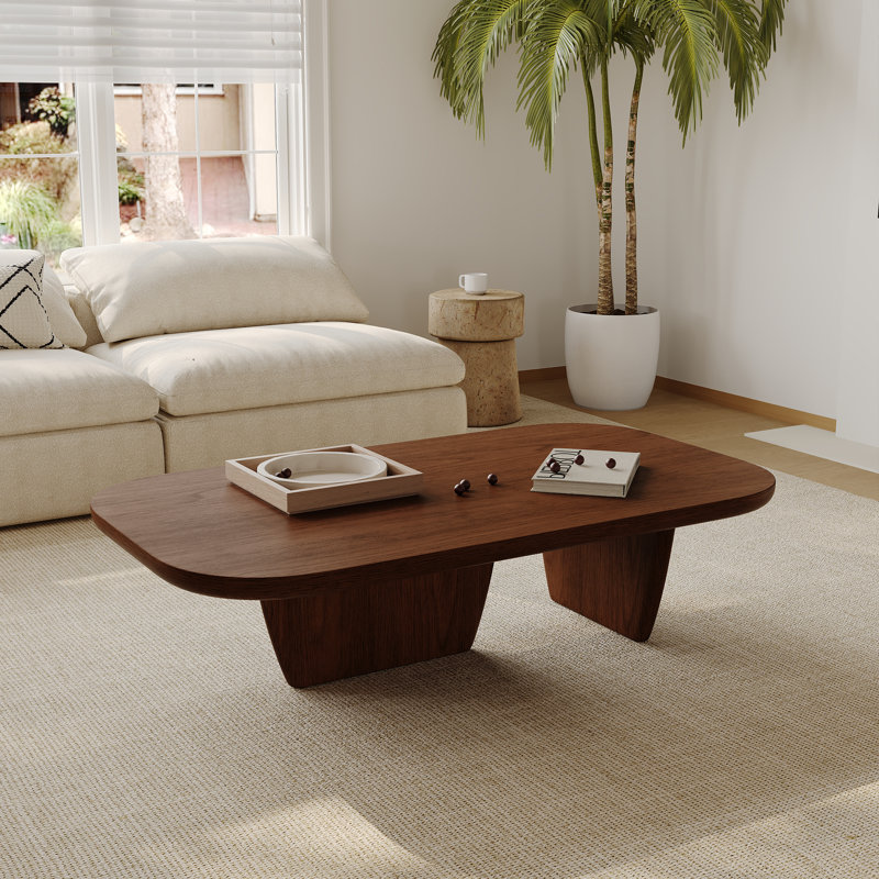 51" Rectangle Coffee Table with Two Unique Wooden Legs, Mid Century Modern Coffee Table with Premium Walnut-Finish Wood Centerpiece for Living Room