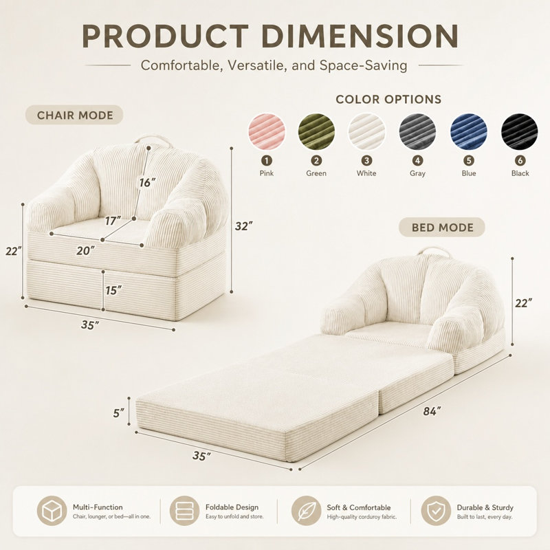 Canapé-lit convertible pliable 3-en-1 sans os, fauteuil-lit simple avec poignée, Beige